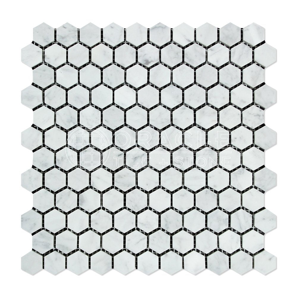 Carrara White Italian (Bianco Carrara) Marble 1 inch Hexagon Mosaic Tile, Honed