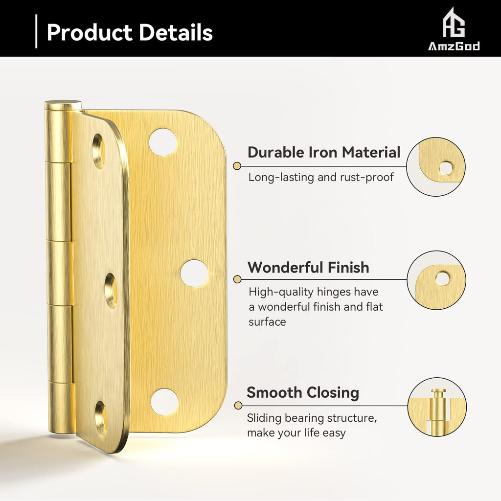Door Hinges Satin Brass - 30 Pack Gold Door Hinges 3.5 Inch Rounded Interior Door Hinge with 5/8" Radius - 3 1/2