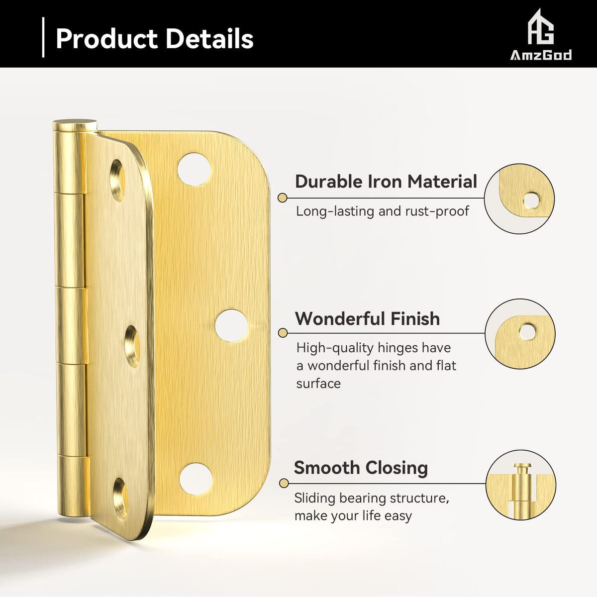 Door Hinges Satin Brass - 30 Pack Gold Door Hinges 3.5 Inch Rounded Interior Door Hinge with 5/8" Radius - 3 1/2
