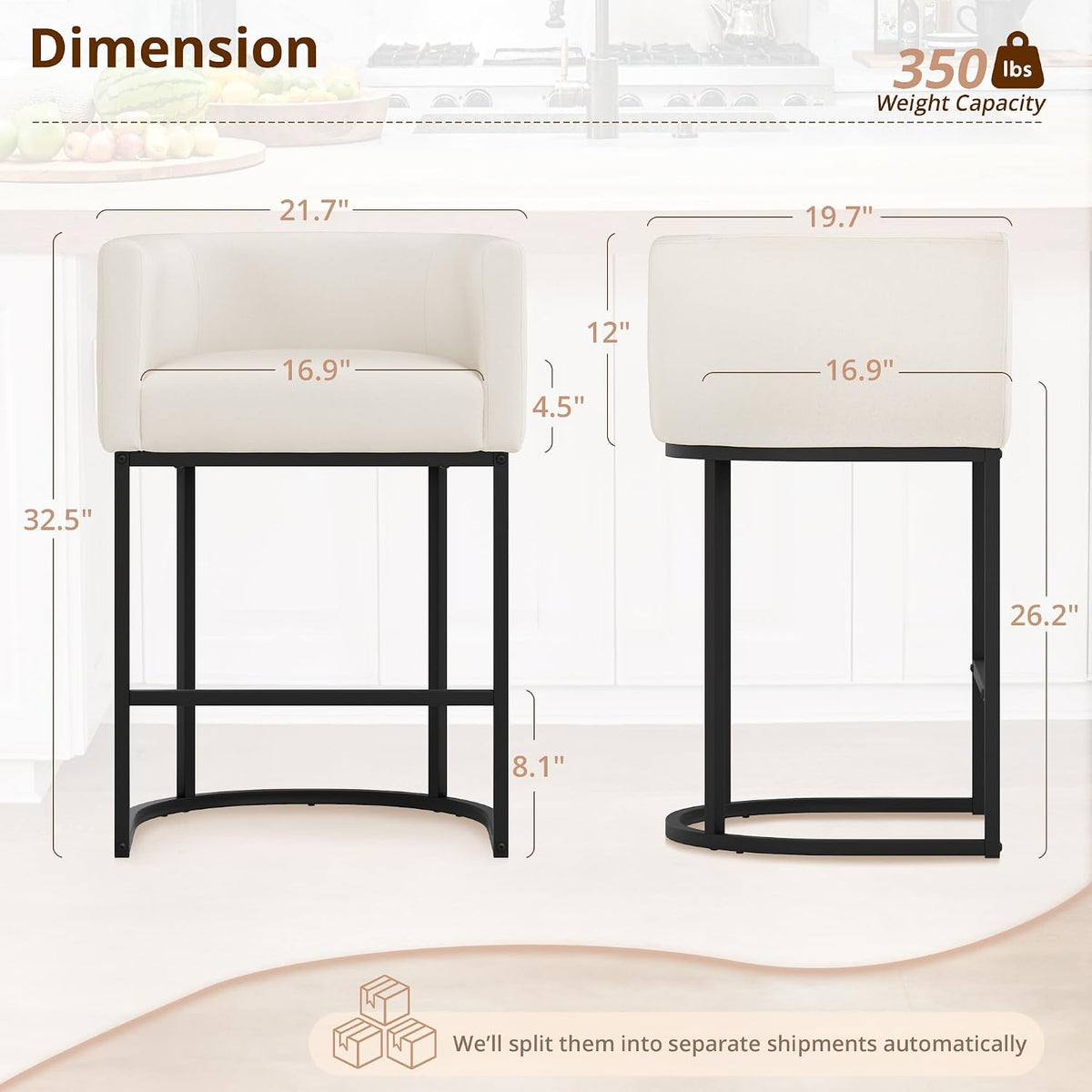 Counter Height Bar Stools Set of 3, Modern Barrel Counter Stools with Backrest and Arms, Black Metal Frames, Linen