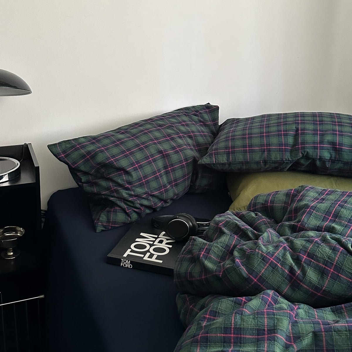Vintage Forest Green Plaid Duvet Cover Set, 3 Piece Retro Tartan Bedding Collection with Navy Check