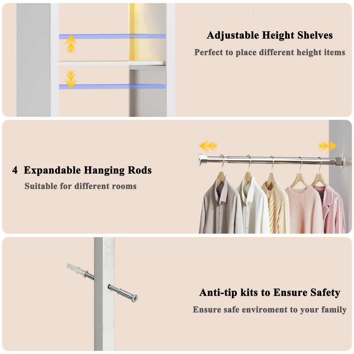 100'' Closet System with 4 Hanging Rods & LED Lights, 2-8 FT Wood Closet Organizer Systems with 5 Shelves, 6 Height