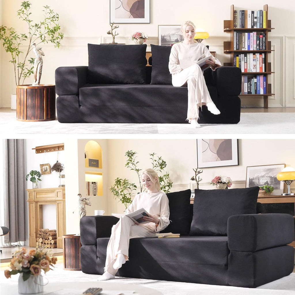 79'' Convertible Sleeper Sofa Bed, 3-in-1 Foldable Floor Couch with Corduroy Upholstery, No Assembly Loveseat, Light