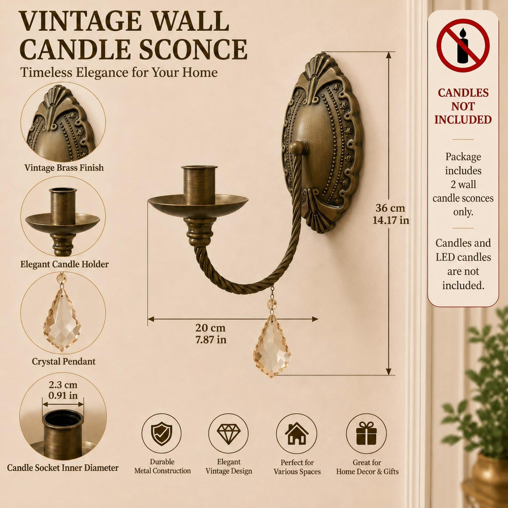 Vintage Wall Candle Sconces Set of 2, Antique Brass Victorian Wall Sconces
