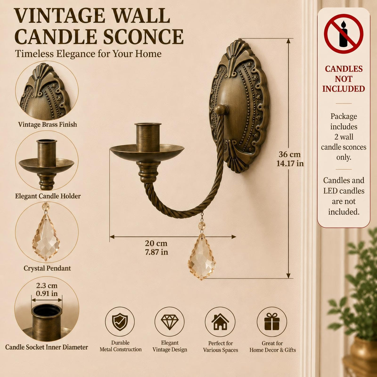 Vintage Wall Candle Sconces Set of 2, Antique Brass Victorian Wall Sconces