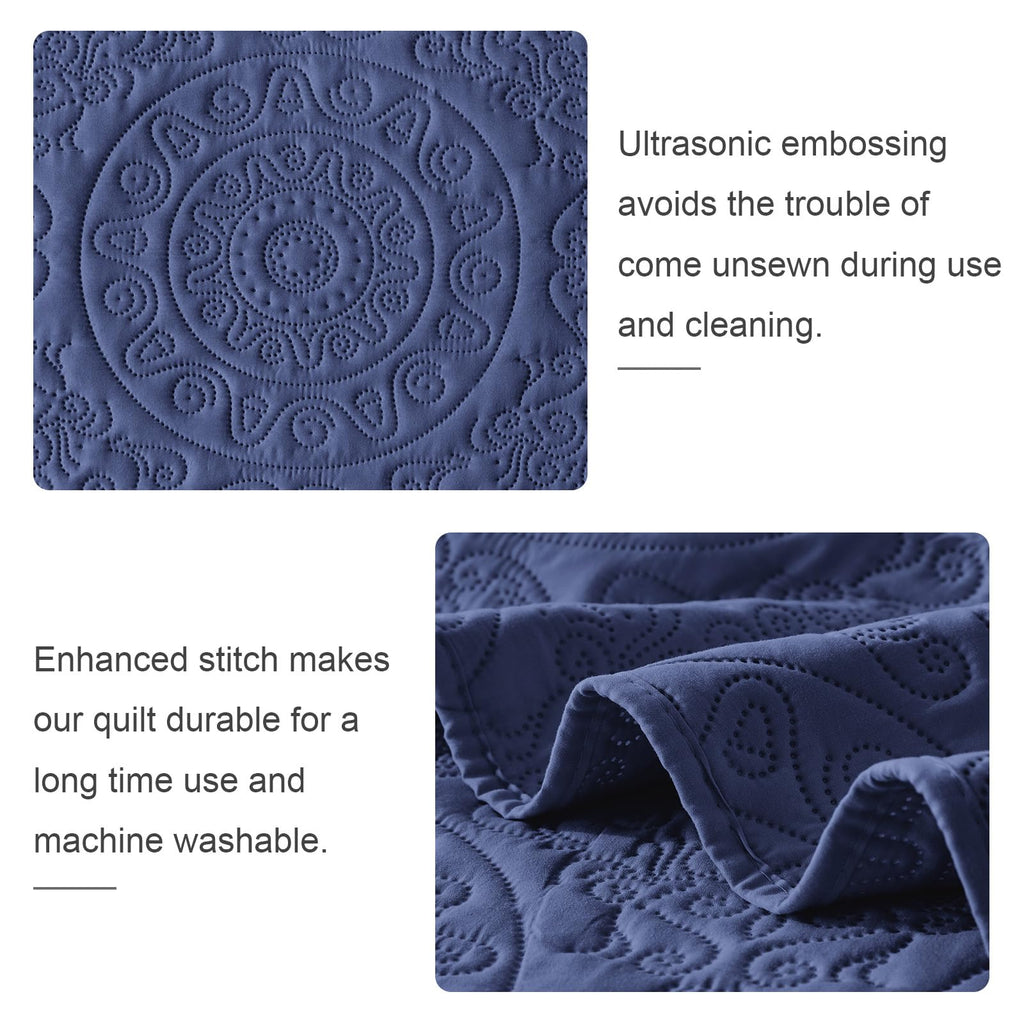 Navy Blue Quilt Set, Embossing Microfiber Bedspreads with Pillow Sham, Ligthweight Breathable Thin