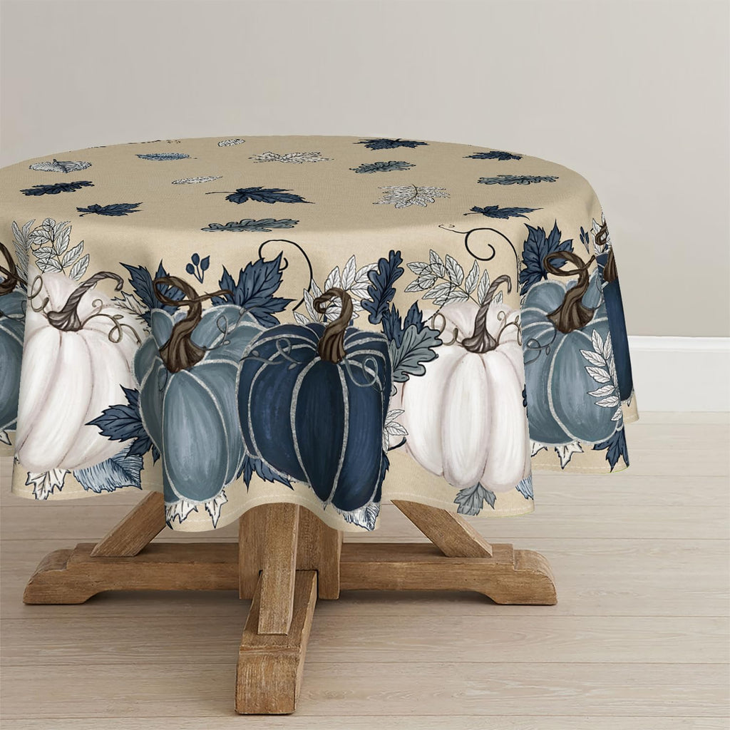 Fall Tablecloth 90 x 90 Inch Round Autumn Harvest Blue Pumpkin