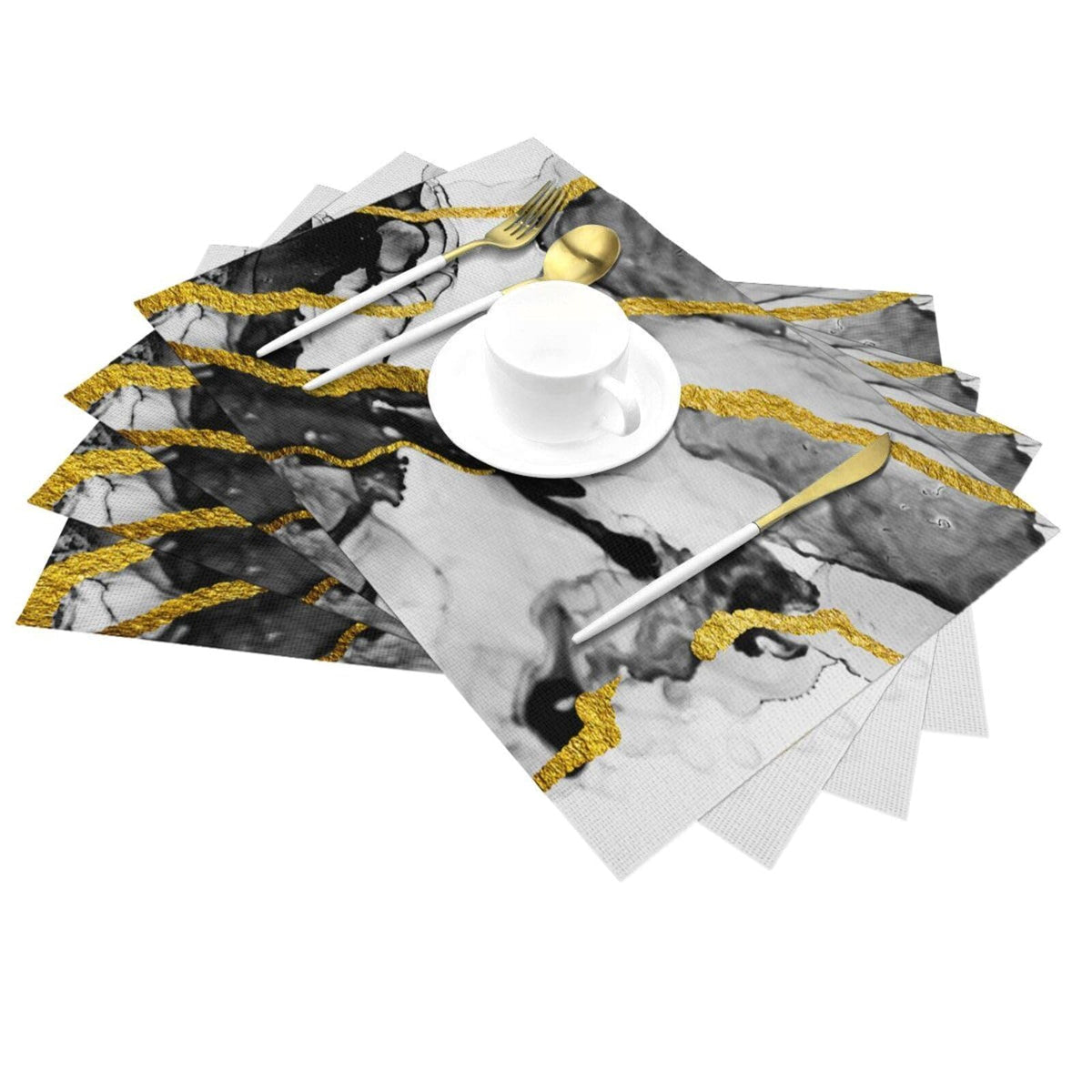 Black White and Gold Marble Linen Placemats Set of 4, Modern Luxury Washable Non-Slip Heat-Resistant Durable Kitchen