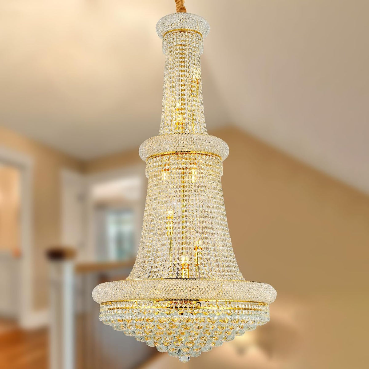 18-Light Three-Tier Gold French Empire Crystal Chandelier for High Ceilings