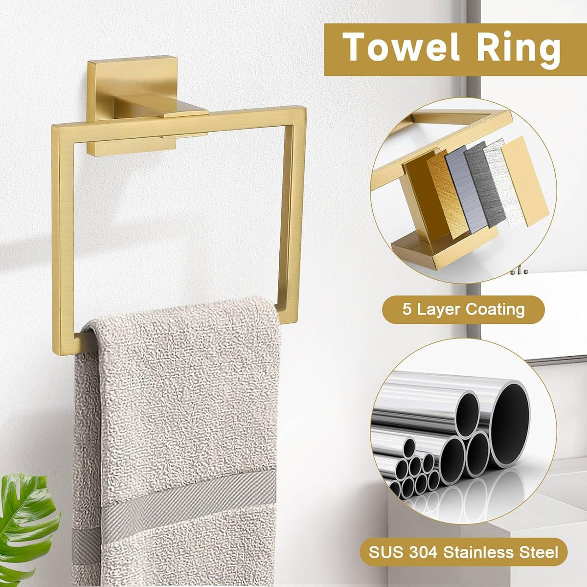 10-Piece Bathroom Hardware Accessories Set-Brushed Gold Towel Bar, Holder & Racks-SUS304 Stainless Steel-Wall