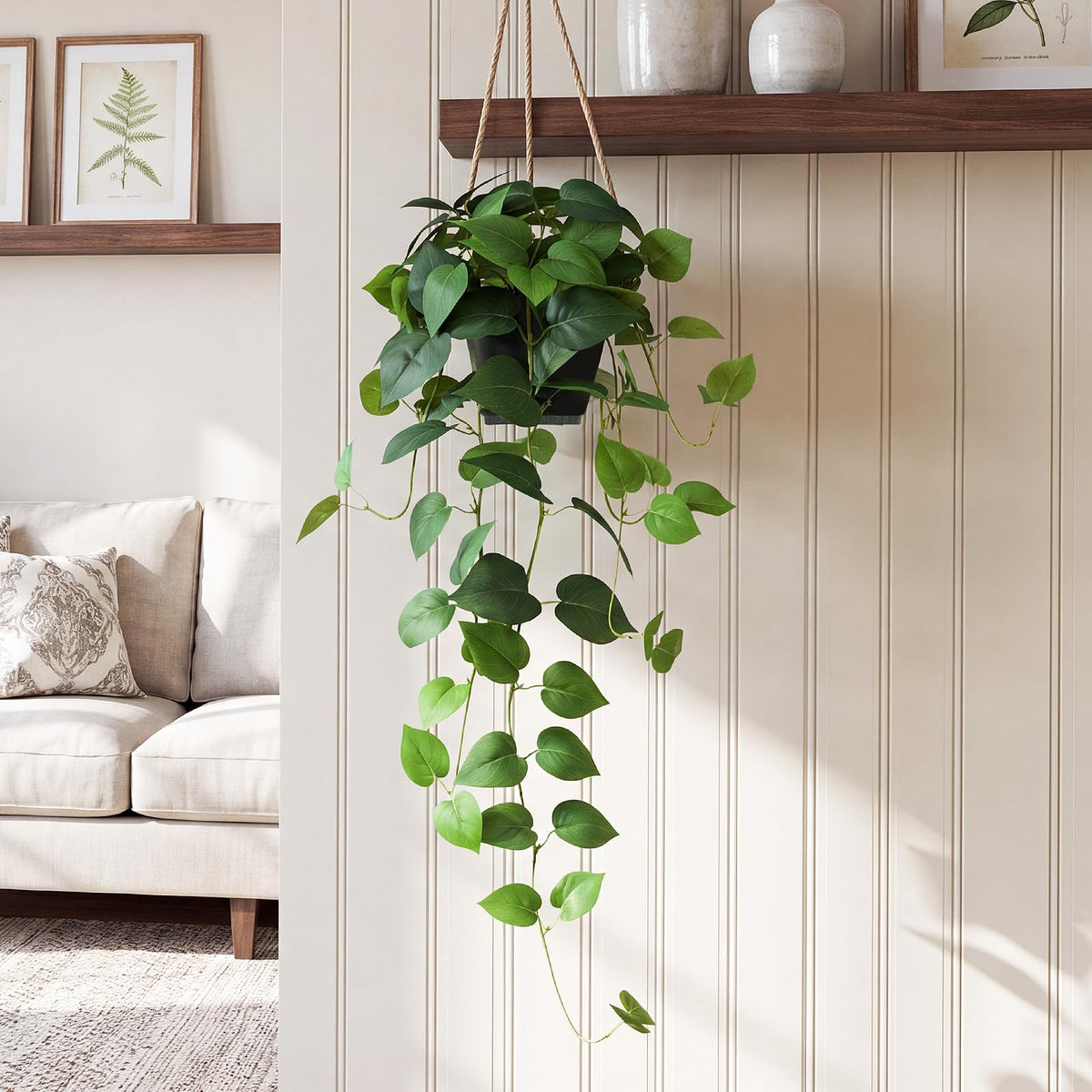 Fake Pothos Hanging Plants, 33" Potted Artificial Hanging Plant, Faux Pothos Silk Vines Hanging Plant Greenery Living