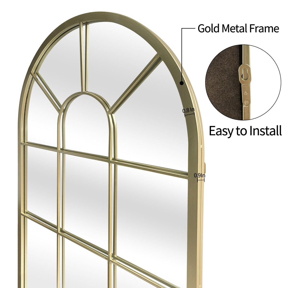 Wall Mirror Window Decorative Mirrors Arched Farmhouse Bedroom Entryway Bathroom Vanity (Gold, 41.3" x 24" x 1")