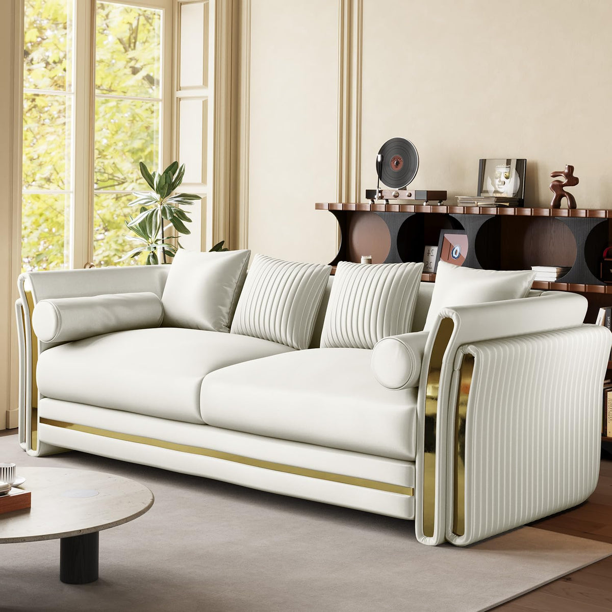 86.7" Chesterfield Sofa Luxury White and Gold Couch, White