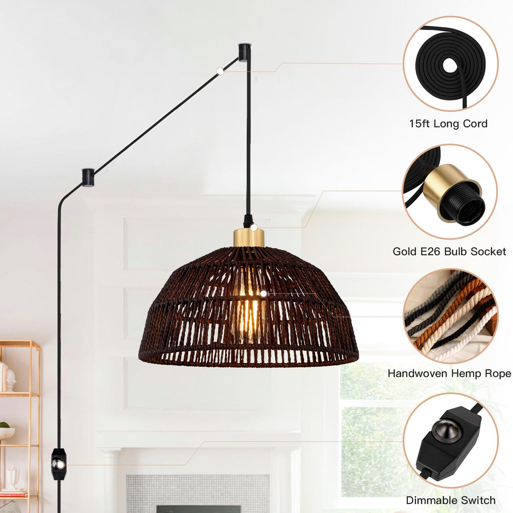 Plug in Pendant Light, Hanging Lights with 15ft Cotton Cord & Stepless Dimming Switch, Handwoven Hemp Rope Lampshade
