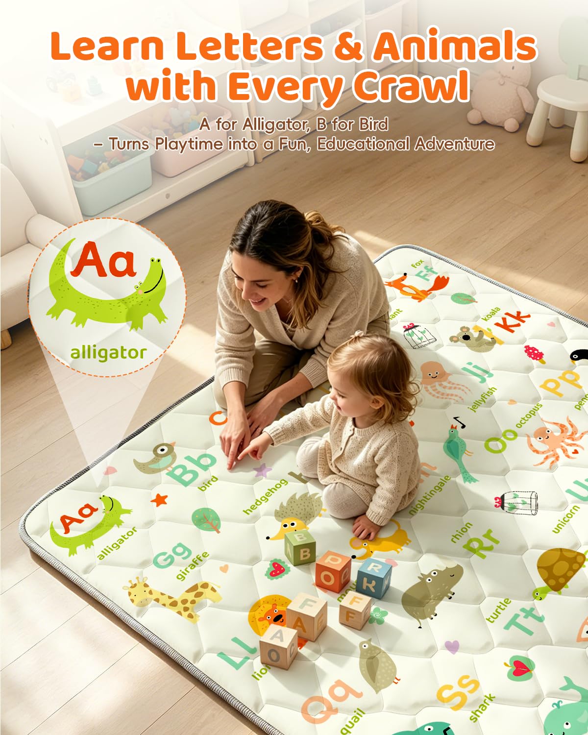 Play Mat for Floor 65"x50", Foldable Playpen Mat for Tummy Time, Thick Non‐Slip Crawling Mat with Carrying Handle