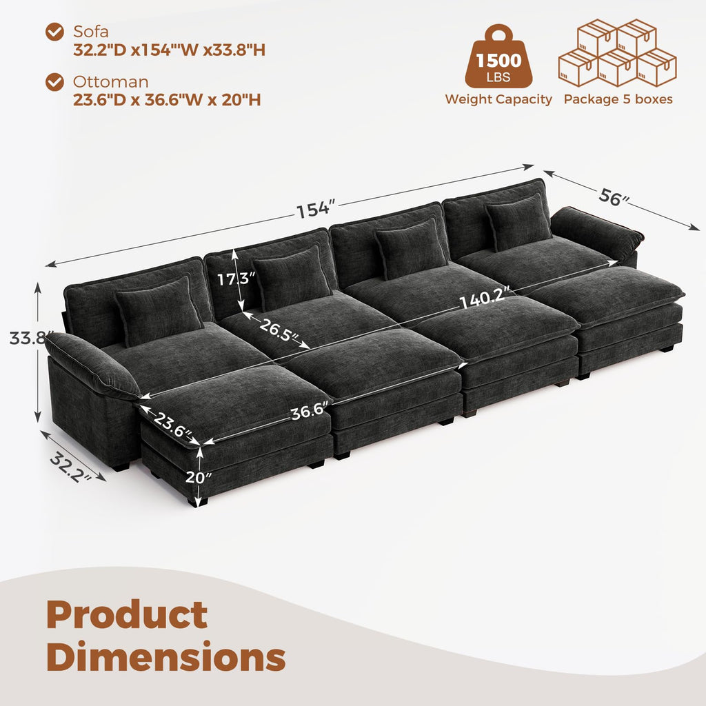 154" Modular Sectional Sofa, Comfy Cloud Couch with 4 Movable Ottomans, Oversized 8-Seater Chenille Deep Seat Sofa
