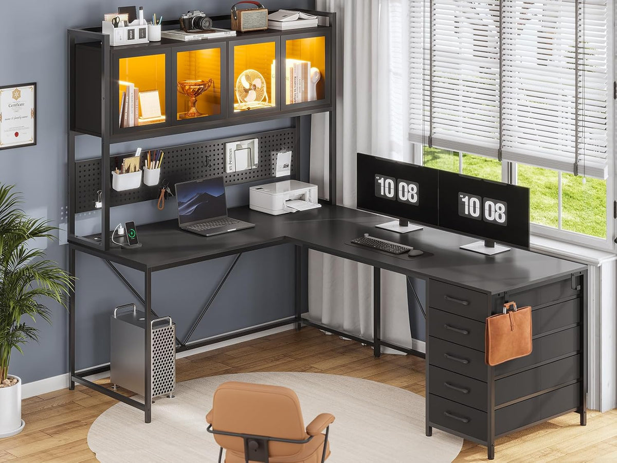 L Shaped Gaming Corner Desk with Drawers, Hutch and Storage Shelves