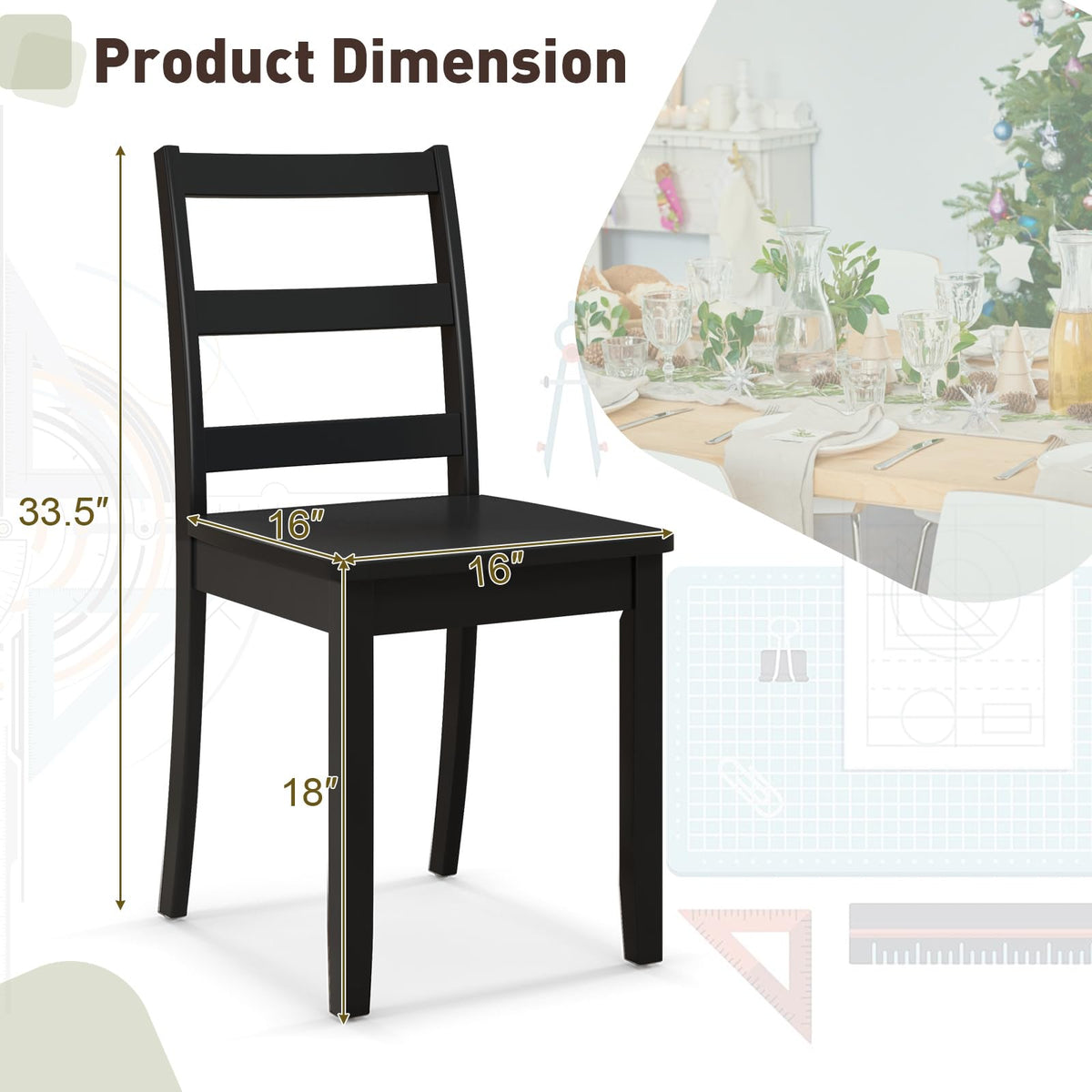 Wood Dining Chairs Set of 4 Black- Wooden Armless Kitchen Chairs with Solid Rubber Wood Legs, Non-Slip Foot Pads, Max