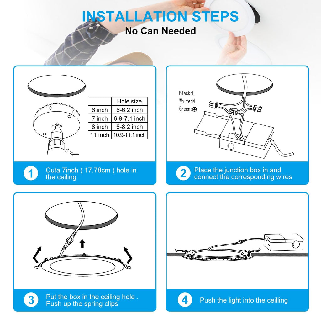 12 Pack 7 Inch 3CCT Ultra-Thin LED Recessed Light with Junction Box, 3000K/4500K/6000K Selectable, 18W Eqv 125W