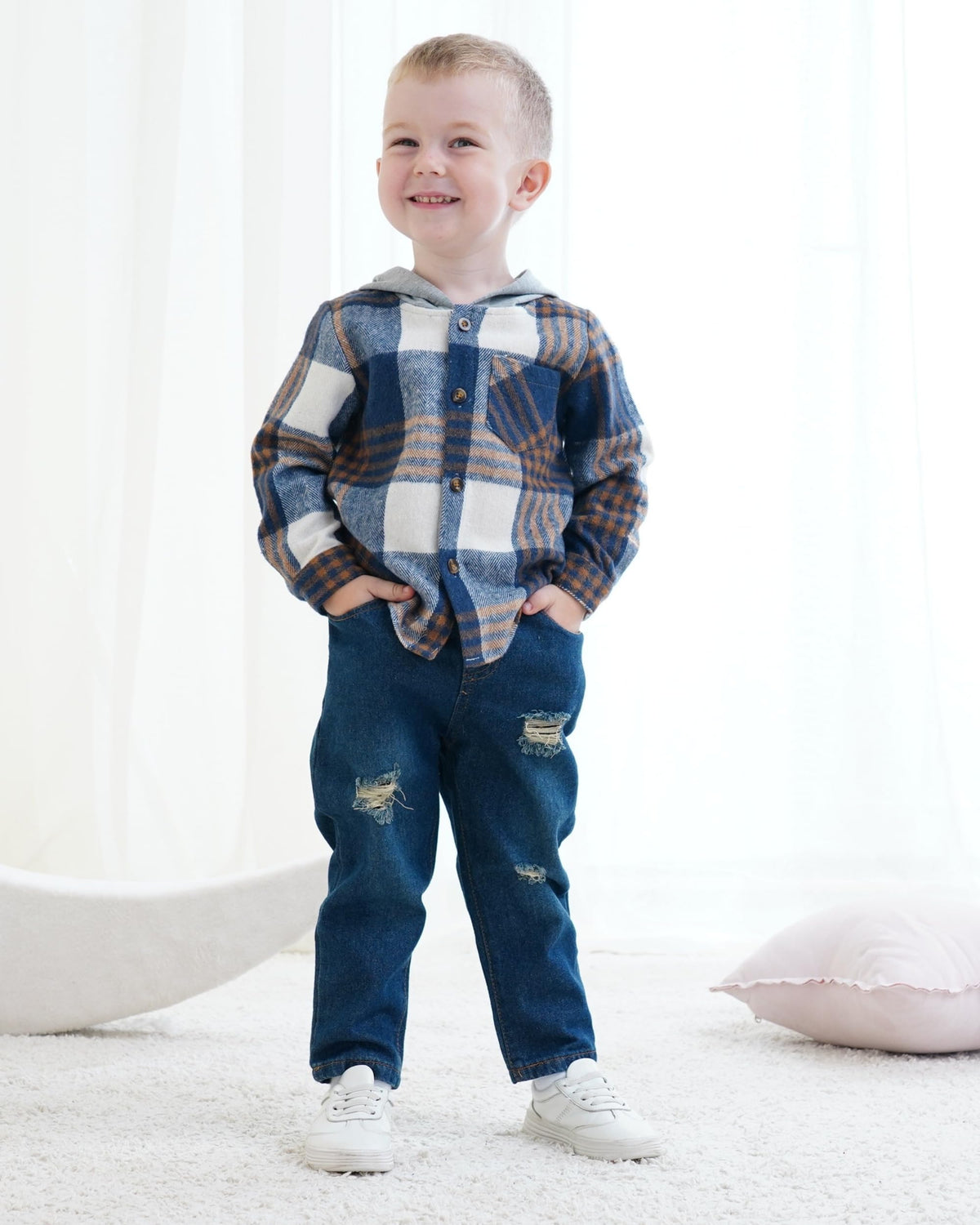 Boy Clothes Baby Grey Blue Plaid Hoodie Jeans Outfits