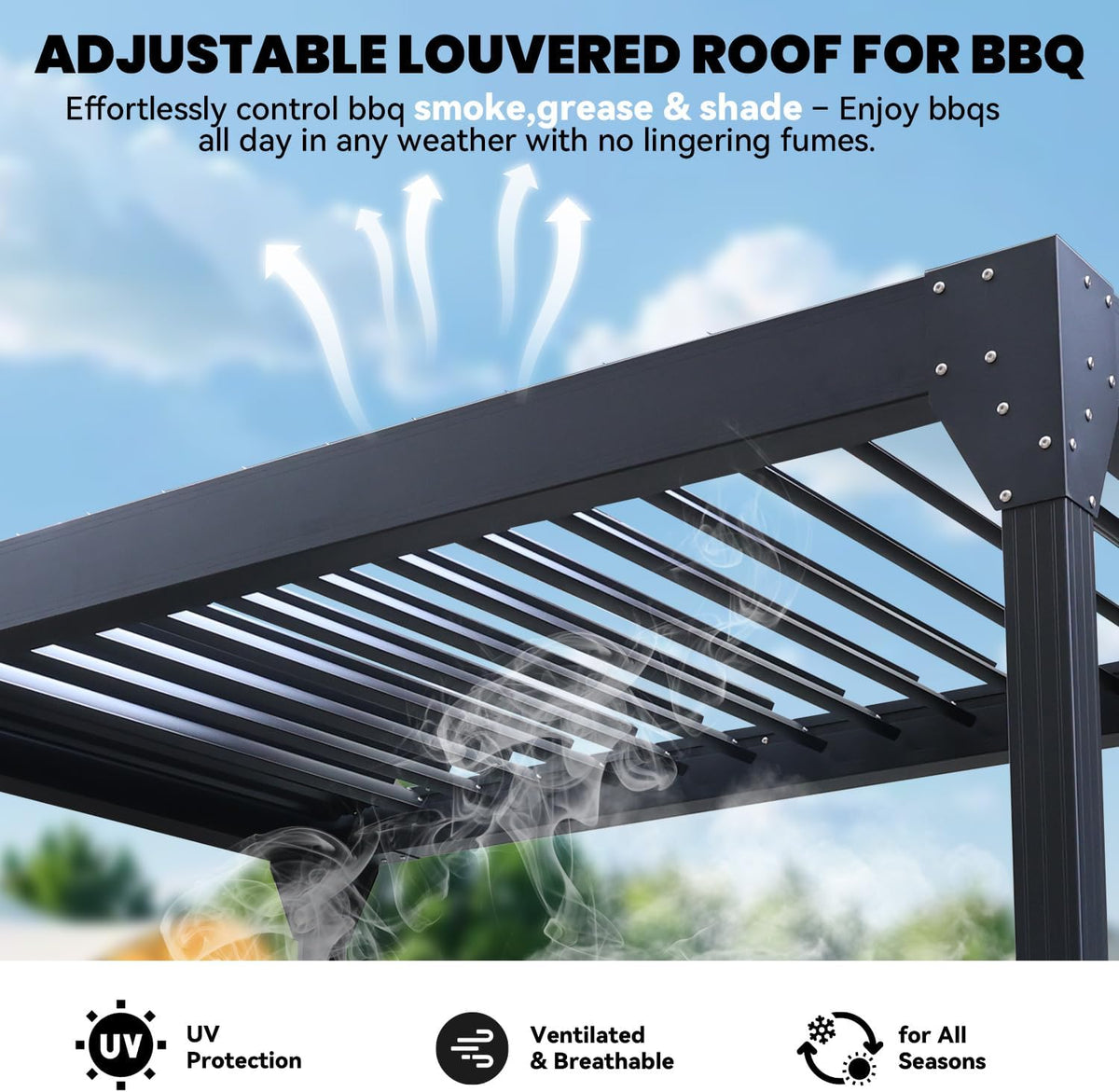 8x5 Louvered Pergola, Aluminum BBQ Pergola, Hardtop Gazebo Grill, Adjustable Rainproof Roof, Pergolas, Black
