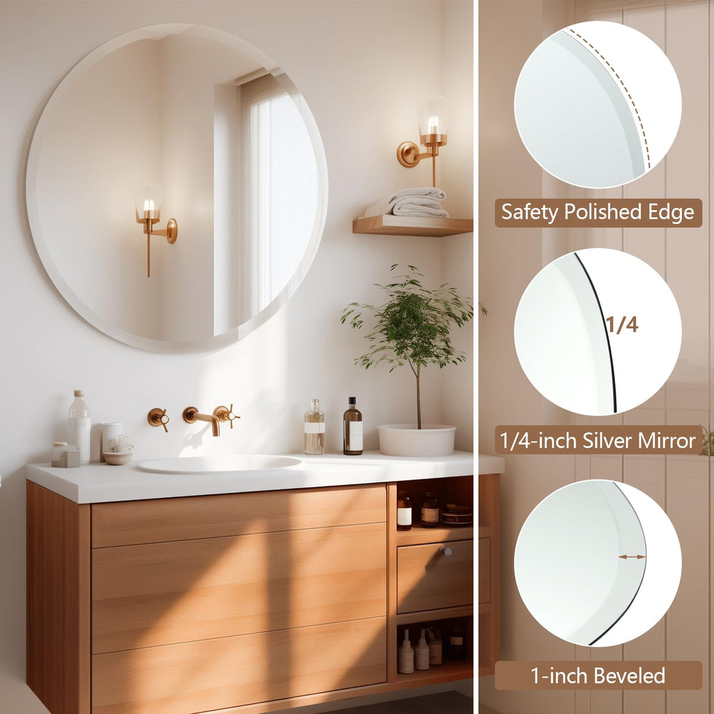 30 Inch Round Frameless Bathroom Mirror, Beveled Round Mirror