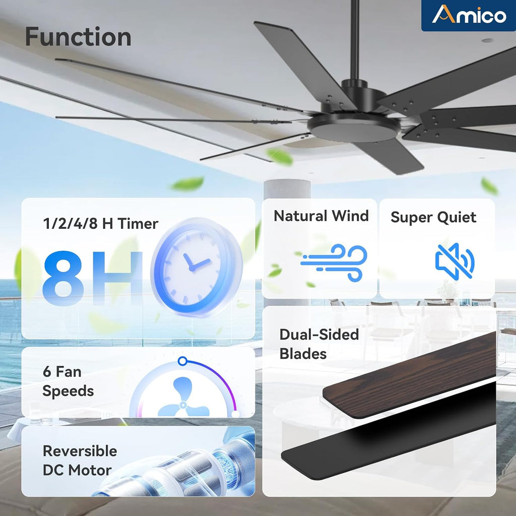 72 Inch Outdoor Ceiling Fan No Light with Remote, Black
