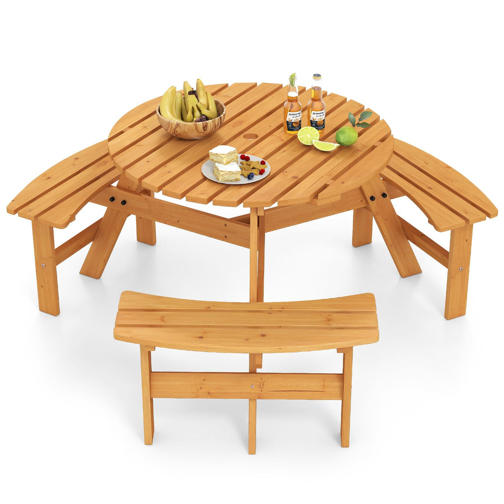 6-Person Round Picnic Table Set with 3 Benches, 550 LBS Bench Capacity, 2" Umbrella Hole, Circular Outdoor Wood
