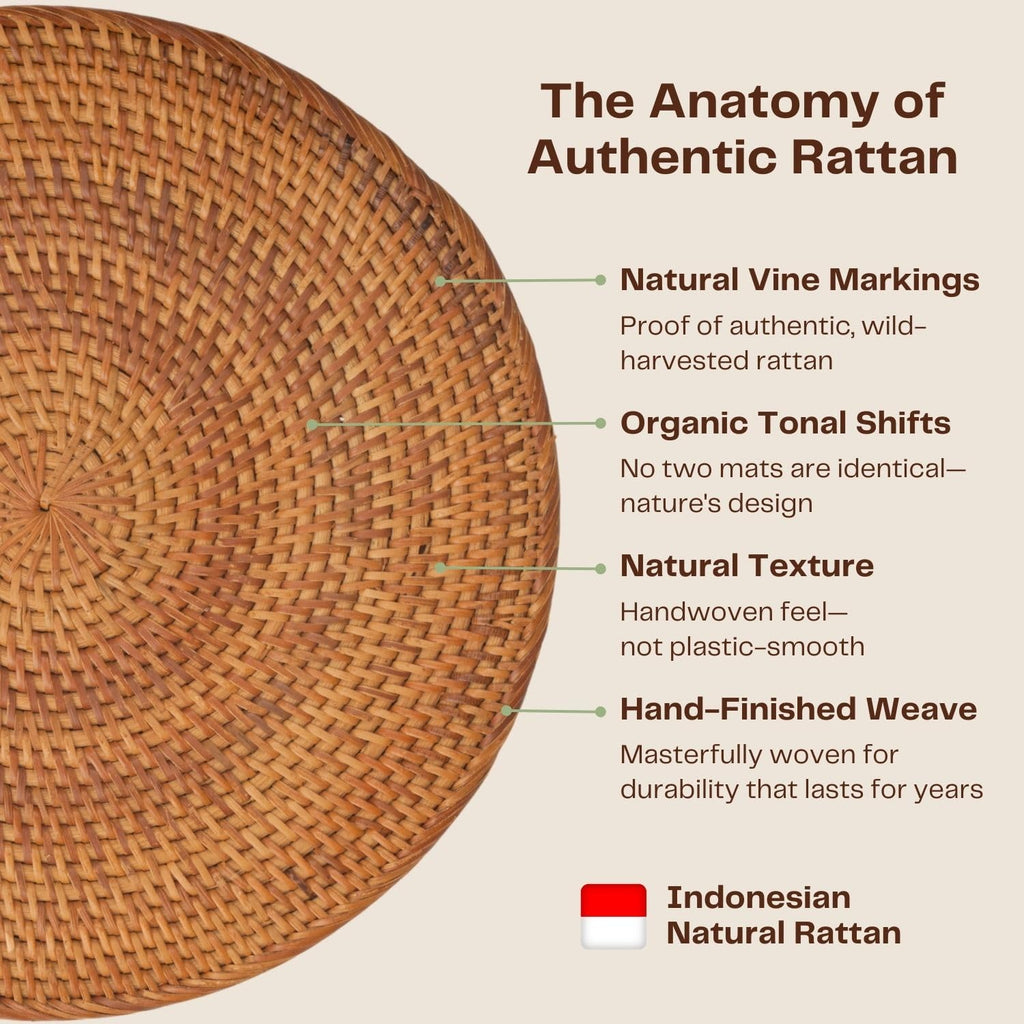 6-Pack Rattan Placemats - 13-inch Round Placemats (Smoky Brown) - Smoked-Cured Woven Place Mats, Round Table Mats