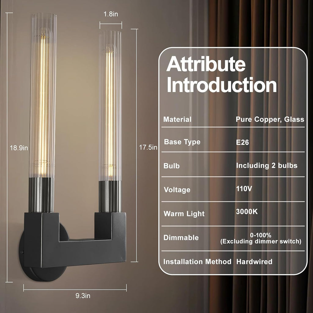 Modern Black Wall Sconces,19 Inch Double Bathroom Wall Sconce with Clear Glass Tube,Indoor 2-Light Vanity Mirror Wall Lights, for Bathroom,Living Room, Bedroom, Hallway, Entryway,Fireplace, Staircase