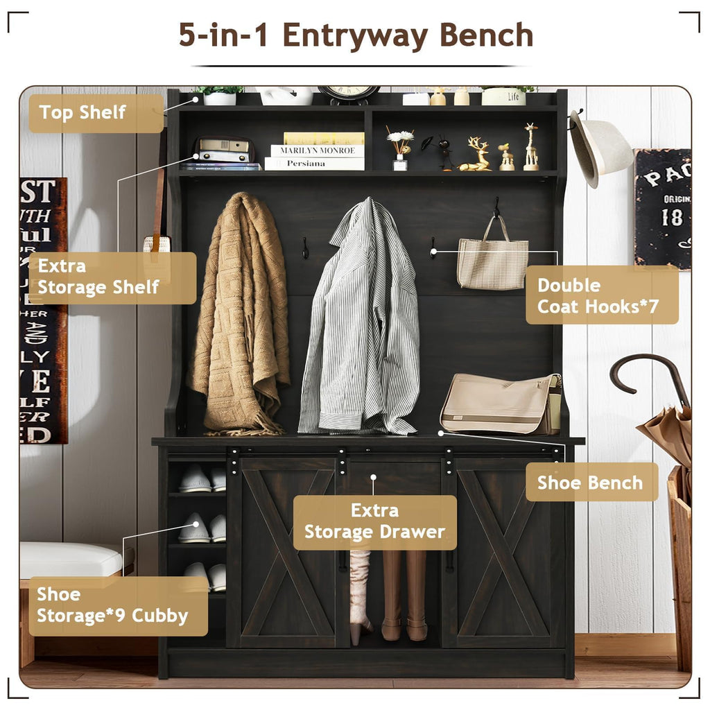 Farmhouse Hall Tree with Bench & Shoe Storage, Oak