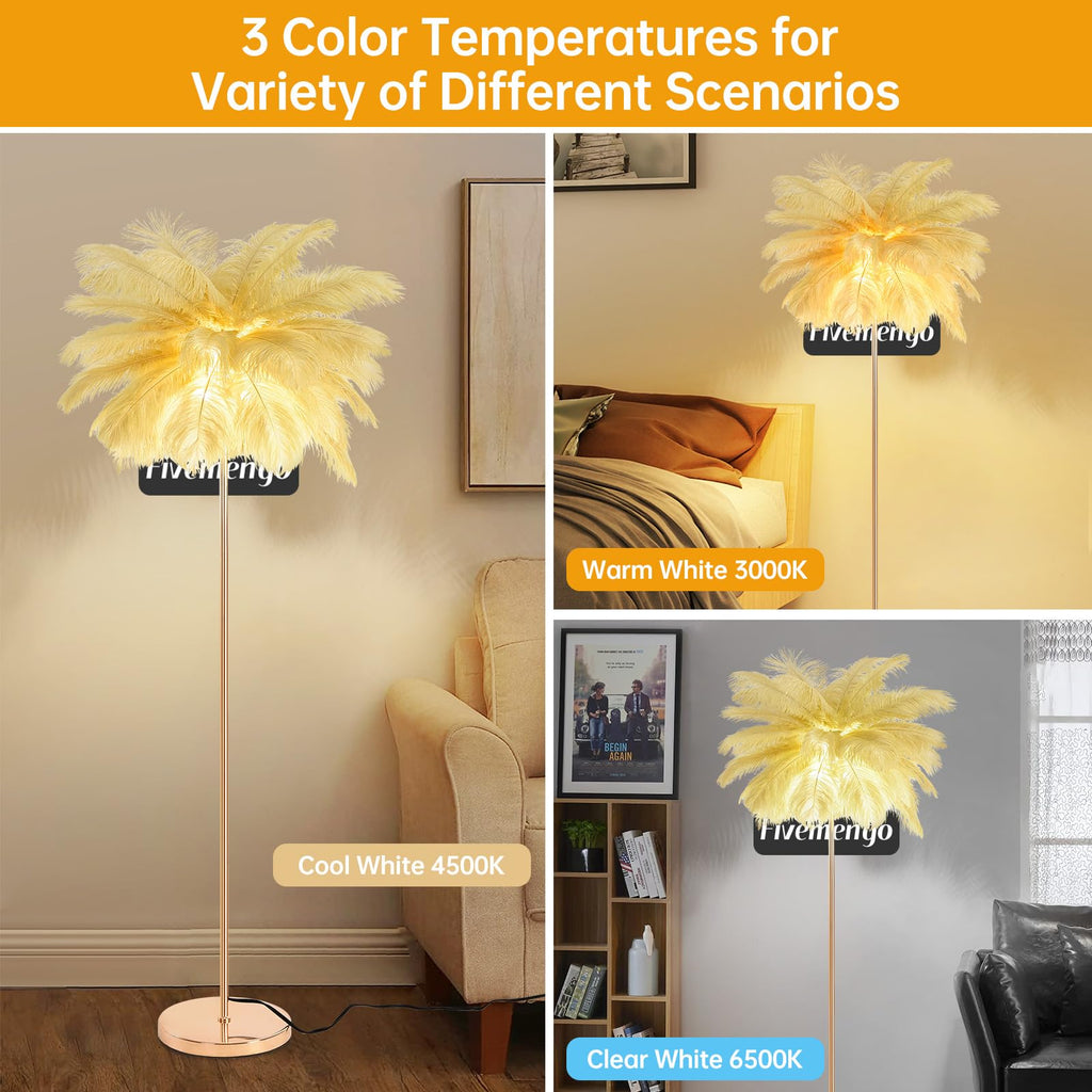 Inspired Arco Style Feather Floor Lamp, Fluffy Ostrich Feathers Lamp, Rose Gold Color Body, 3 Color Temperatures Modern Funky Arc Tall