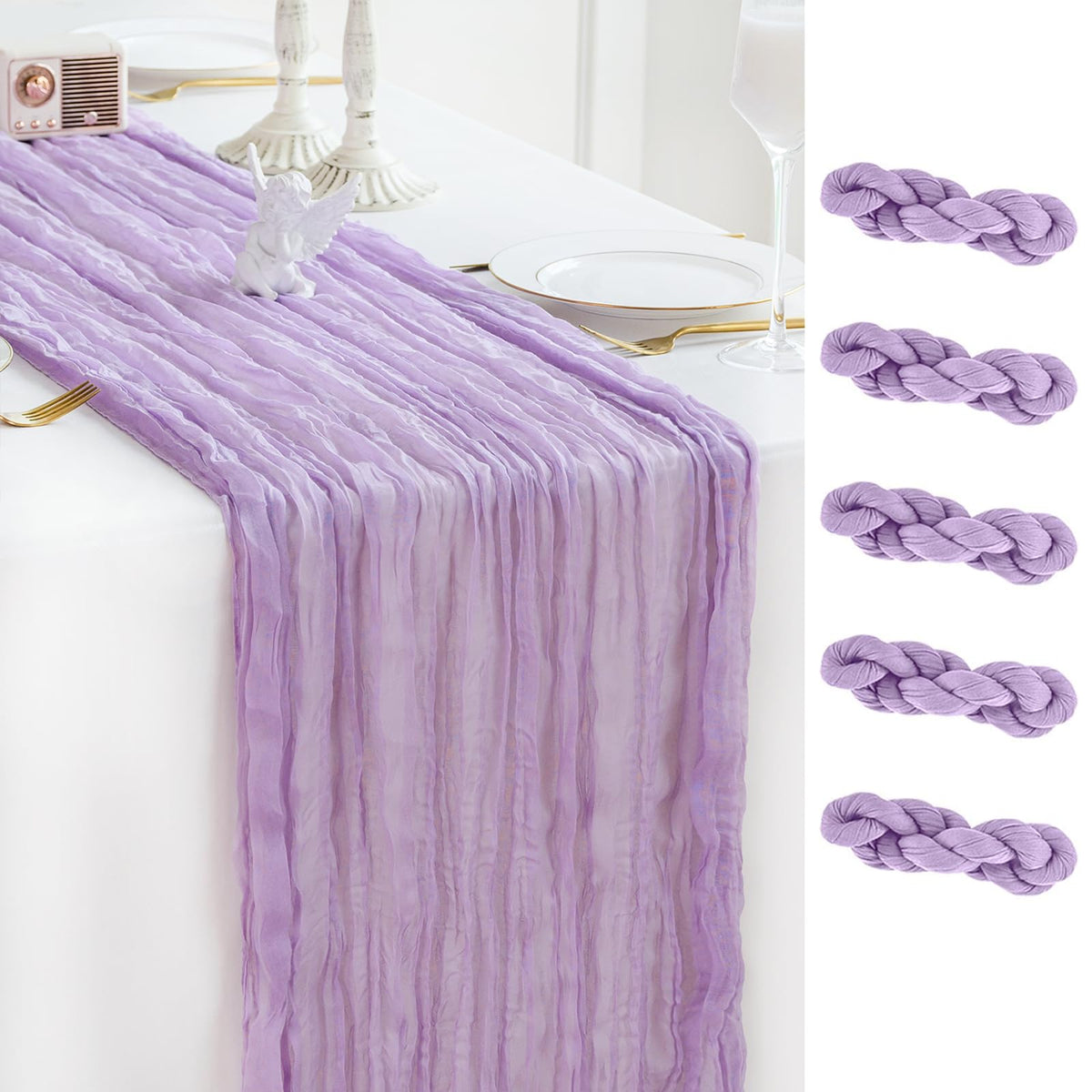 5 Pack Lilac Purple Lavender Cheesecloth Table Runner 120'' x 35'', Spring Easter Decor Soft Gauze Boho Wedding Table
