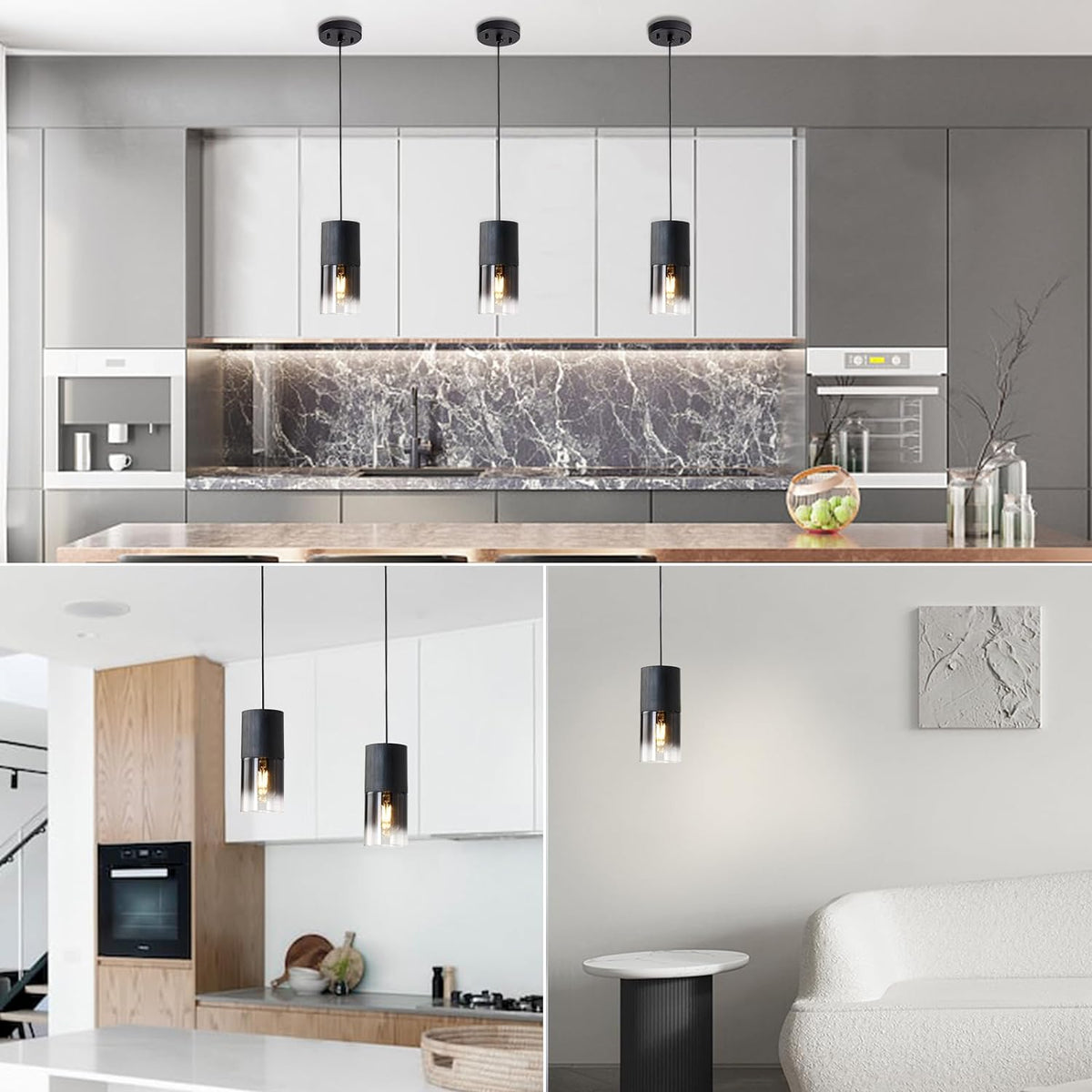 2-Pack Black Pendant Light Fixtures, Adjustable Modern Pendant Lights for Kitchen Island, Industrial Glass Pendant