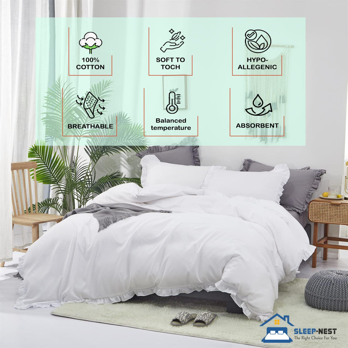 Hotel Luxury Edge Ruffle Duvet Cover Set Oversized 98x98, 3-Pieces 100% Egyptian Cotton with Zipper Closure