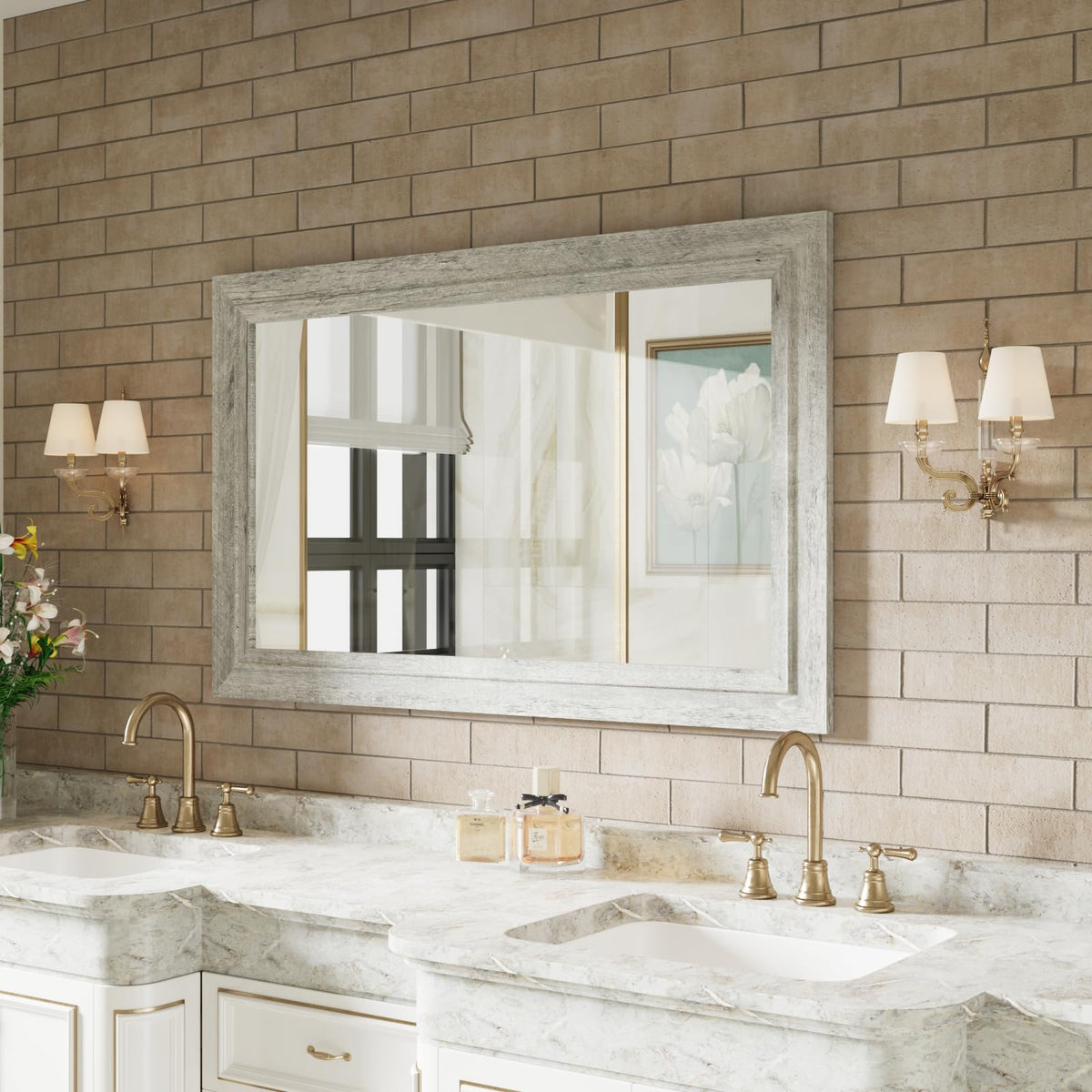 Rustic Wall-Mounted Vanity Mirror, Solid Wood Frame Bathroom Mirror, Farmhouse Style, Horizontal/Vertical Hanging