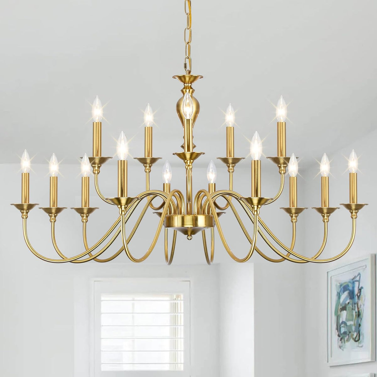 Fifteen-Light Gold Chandelier for Dining Room and Living Room Lighting
