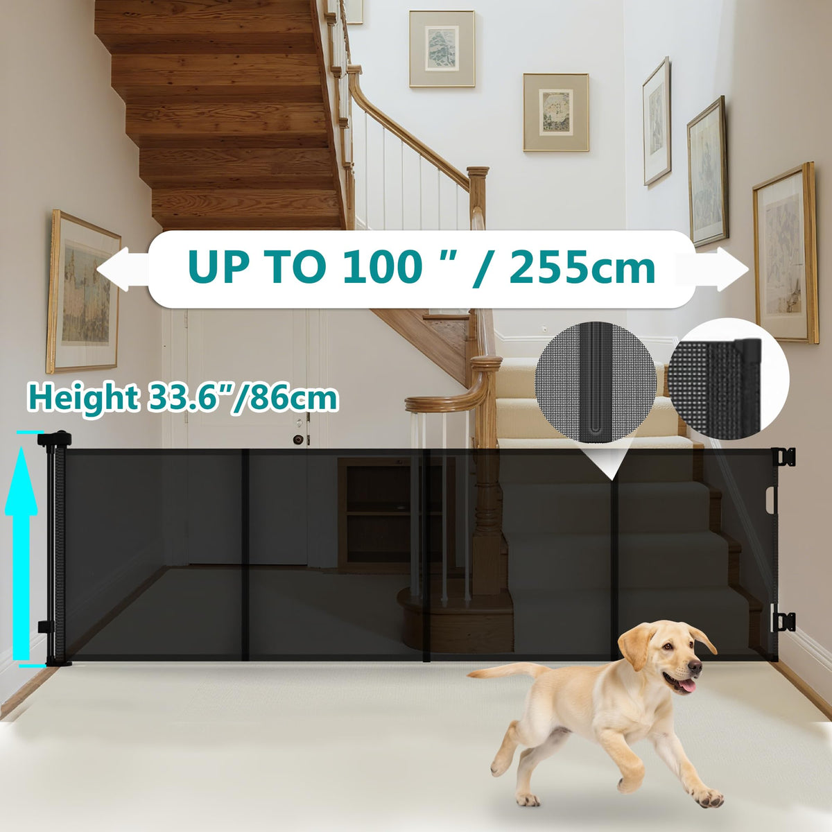 Retractable Baby Gate,Mesh Baby Gate or Mesh Dog Gate,34" Tall,Extends up to 100" Wide,Child Safety Gate for