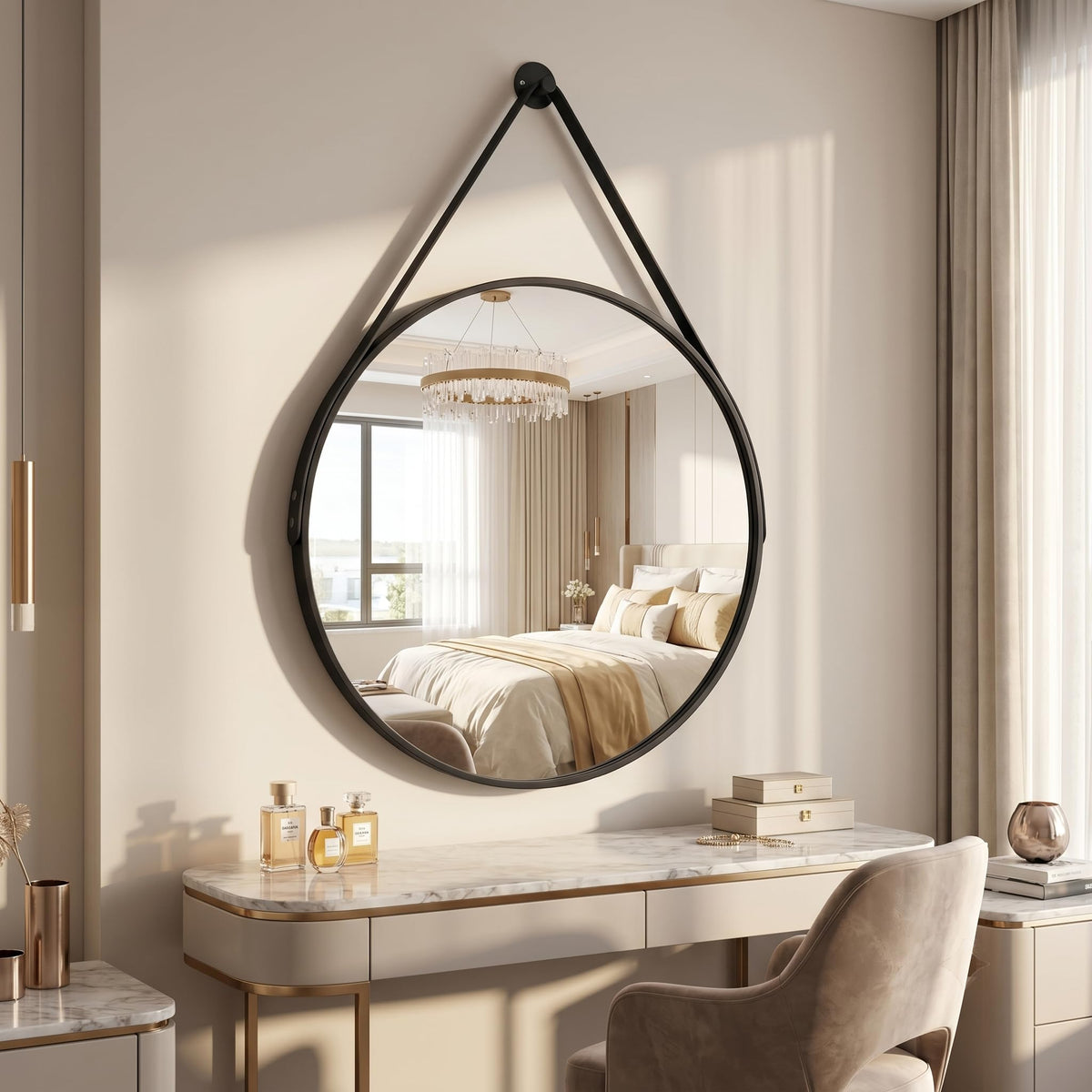20" Black Round Mirror, Circle Wall Mirror with Leather Strap