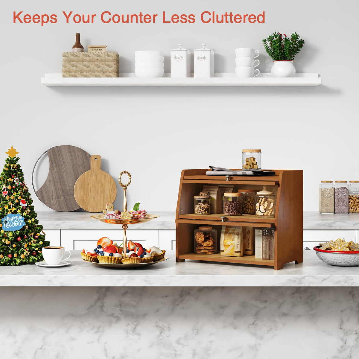 Wooden Countertop, Dark Wood Bread Storage Container made Bread, 2 Tier Roll Top Breadbox Holder Keeper for Sourdough