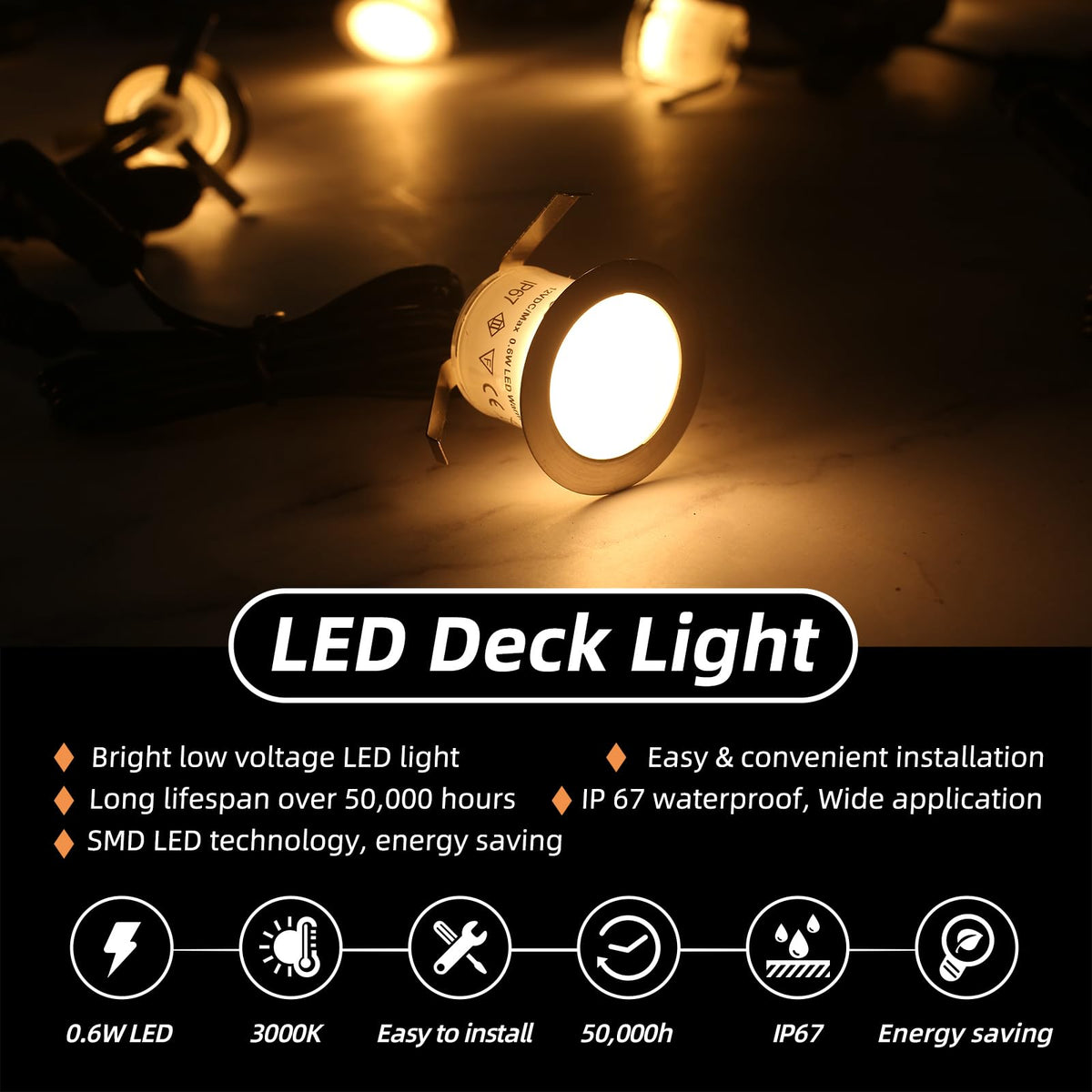 16 Pack Recessed LED Deck Light Kits with 12V Power Adapter, 32mm Warm White, IP67 Waterproof Low Voltage Deck