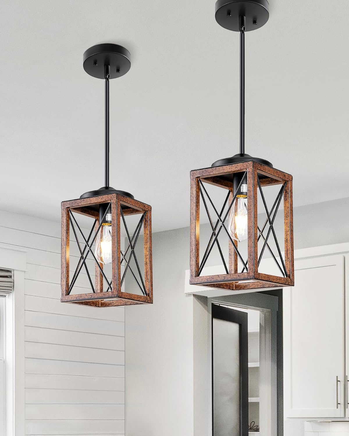 2 Pack Farmhouse Pendant Light, Metal Hanging Light Fixture with Wooden Grain Finish, 48 Inch Adjustable Pipes for Flat and Slop Ceiling, Kitchen Island, Bedroom, Dining Hall, ETL Listed