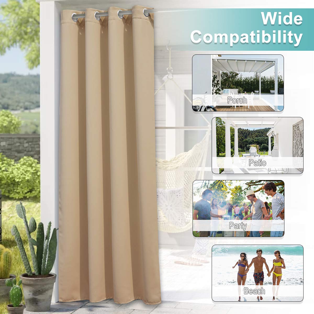 Patio Blinds Outdoor Waterproof Curtain, Rustproof Stainless Steel Eyelet Room Darkening Thermal Insulated Outdoor