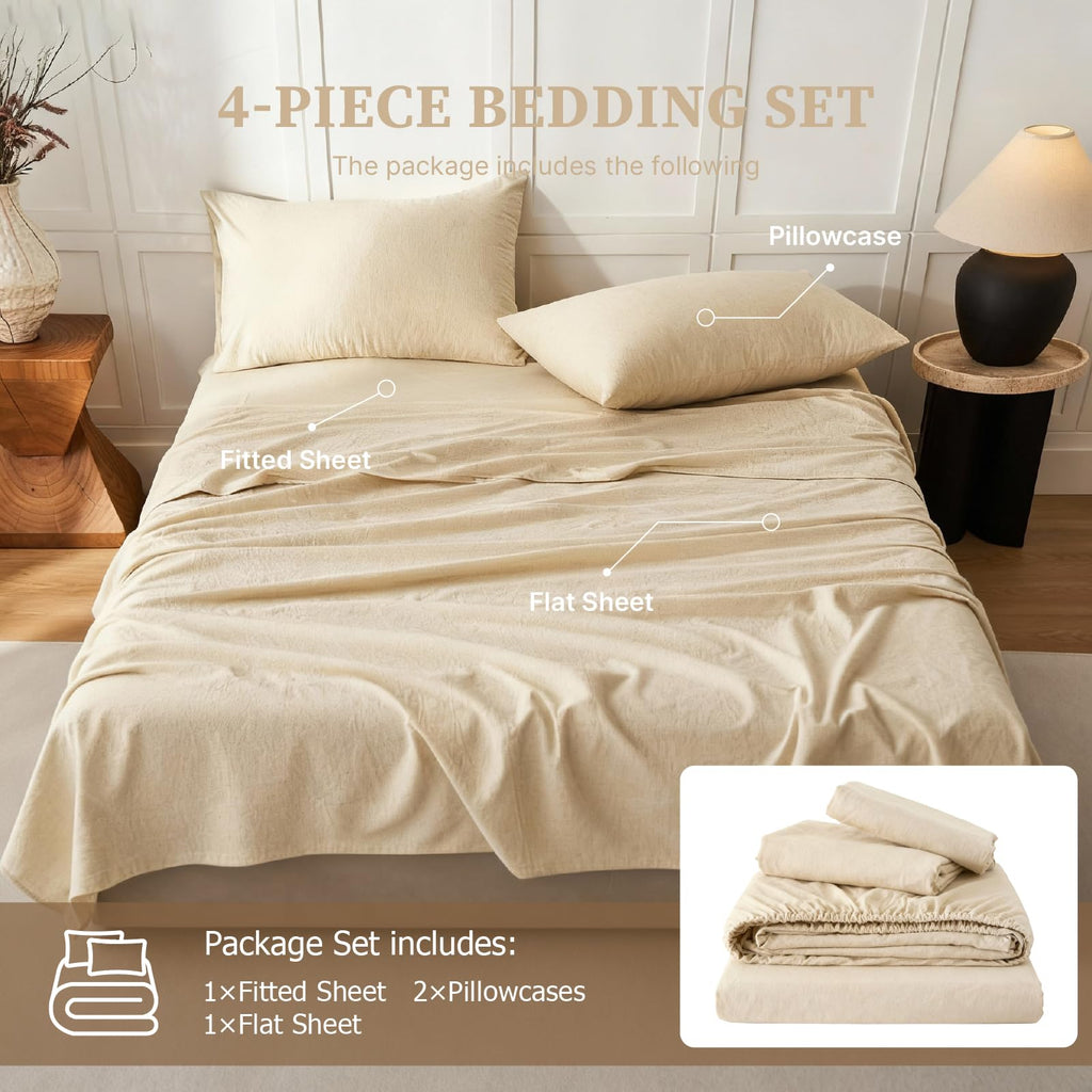 Sheets, Cotton Linen Bed Sheets, Breathable, Durable Bed Sets 18" Deep Pocket(Natural Linen)