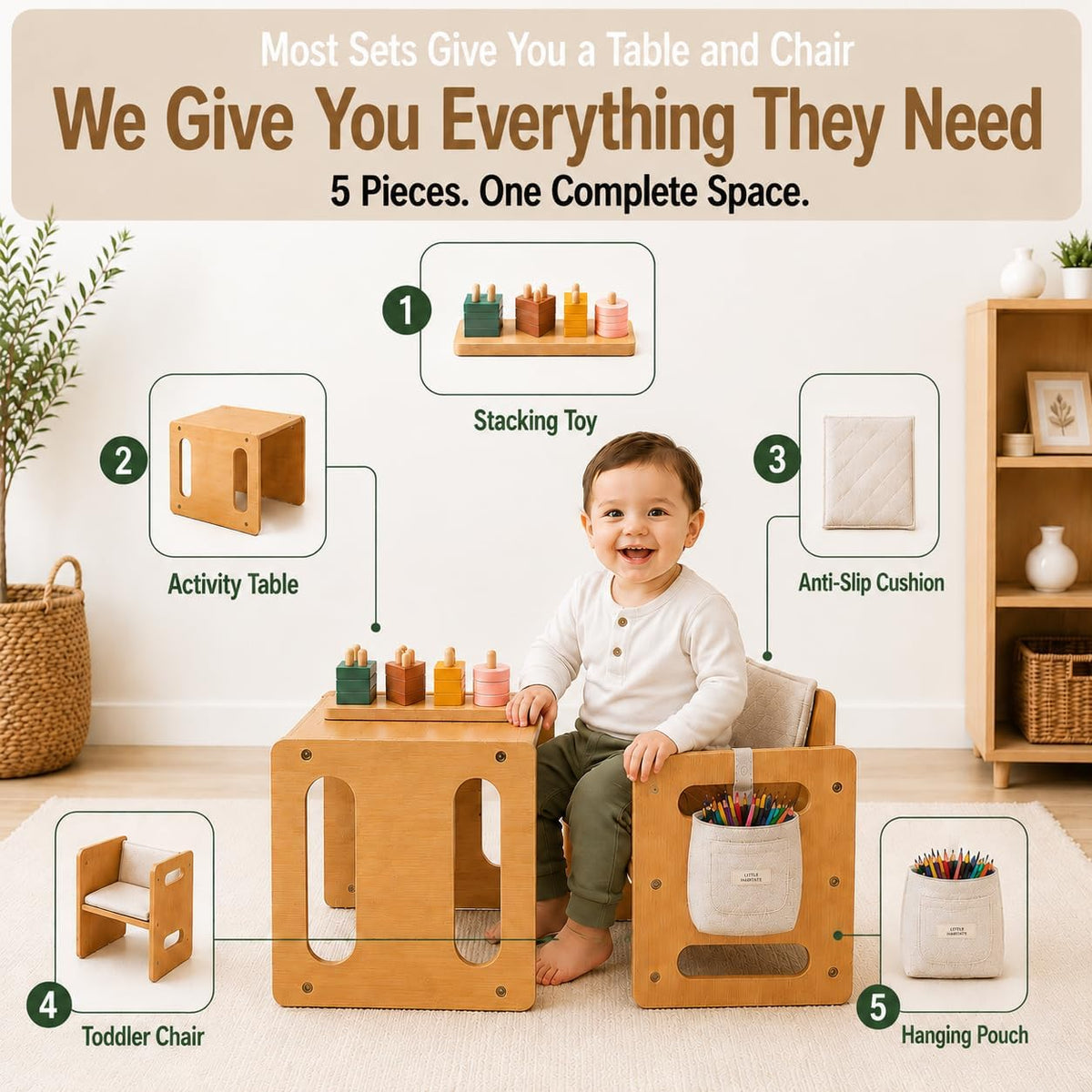 Weaning Table & Chair Set - Kids Desk & Activity Table with Flip Chair, Removable Cushion, Hanging Pouch & Toy