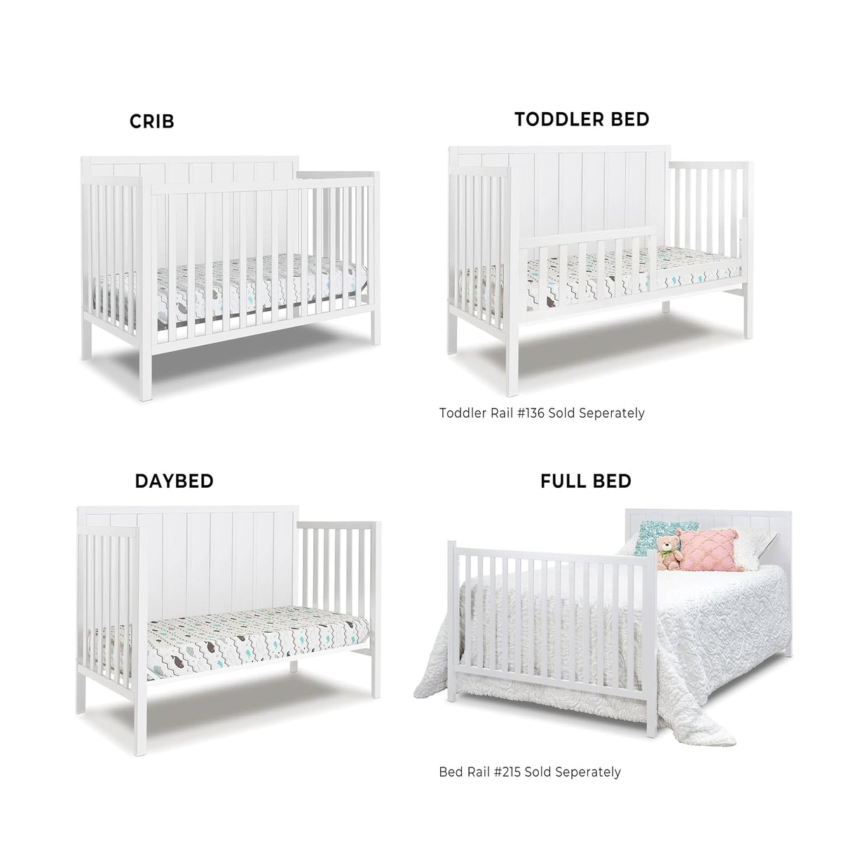 Crib Classic 4-in-1 Convertible Crib, Made of Wood, Non-Toxic Finish, Wooden Baby Bed, Toddler Bed, Child's