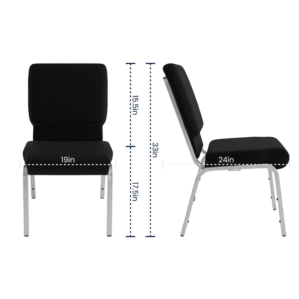 4 Pack HERCULES Series 18.5''W Stacking Church Chair in Black Fabric - Silver Vein Frame