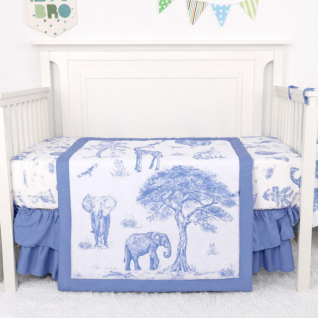 4-Piece Crib Bedding Set for Baby Boys, Blue Elephant Nursery Bedding Set Includes Comforter, Fitted Crib Sheet, Crib