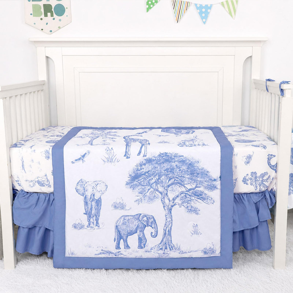 4-Piece Crib Bedding Set for Baby Boys, Blue Elephant Nursery Bedding Set Includes Comforter, Fitted Crib Sheet, Crib
