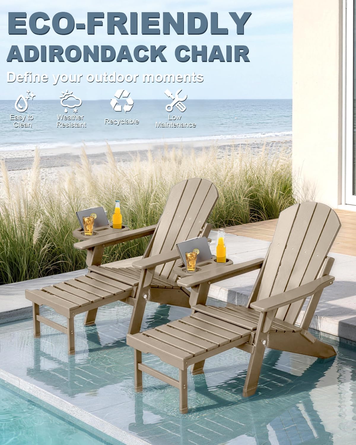 Adjustable Adirondack Chair Set of 2 with Retractable Ottoman, Brown | Folding HDPE Chair with Multifunctional Cup